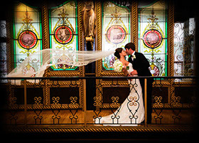 Tuscaloosa wedding photography at Northriver Yatch Club in front of stained glass windows